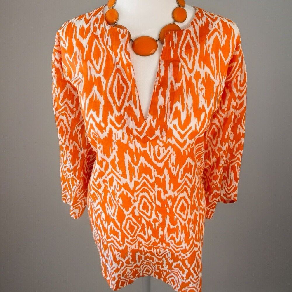 Women’s Tropical Orange + White Patterned Tunic, Light Tissue Cotton Size: L - Picture 2 of 12
